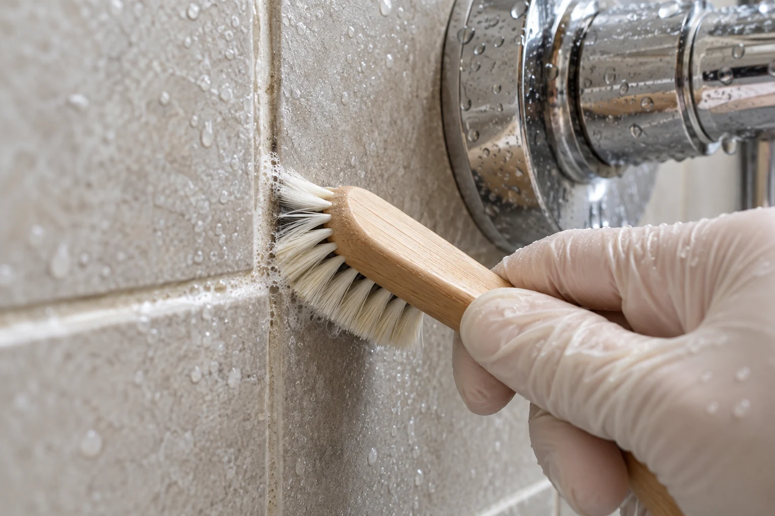 A gloved hand detailing shower grout with a small cleaning brush