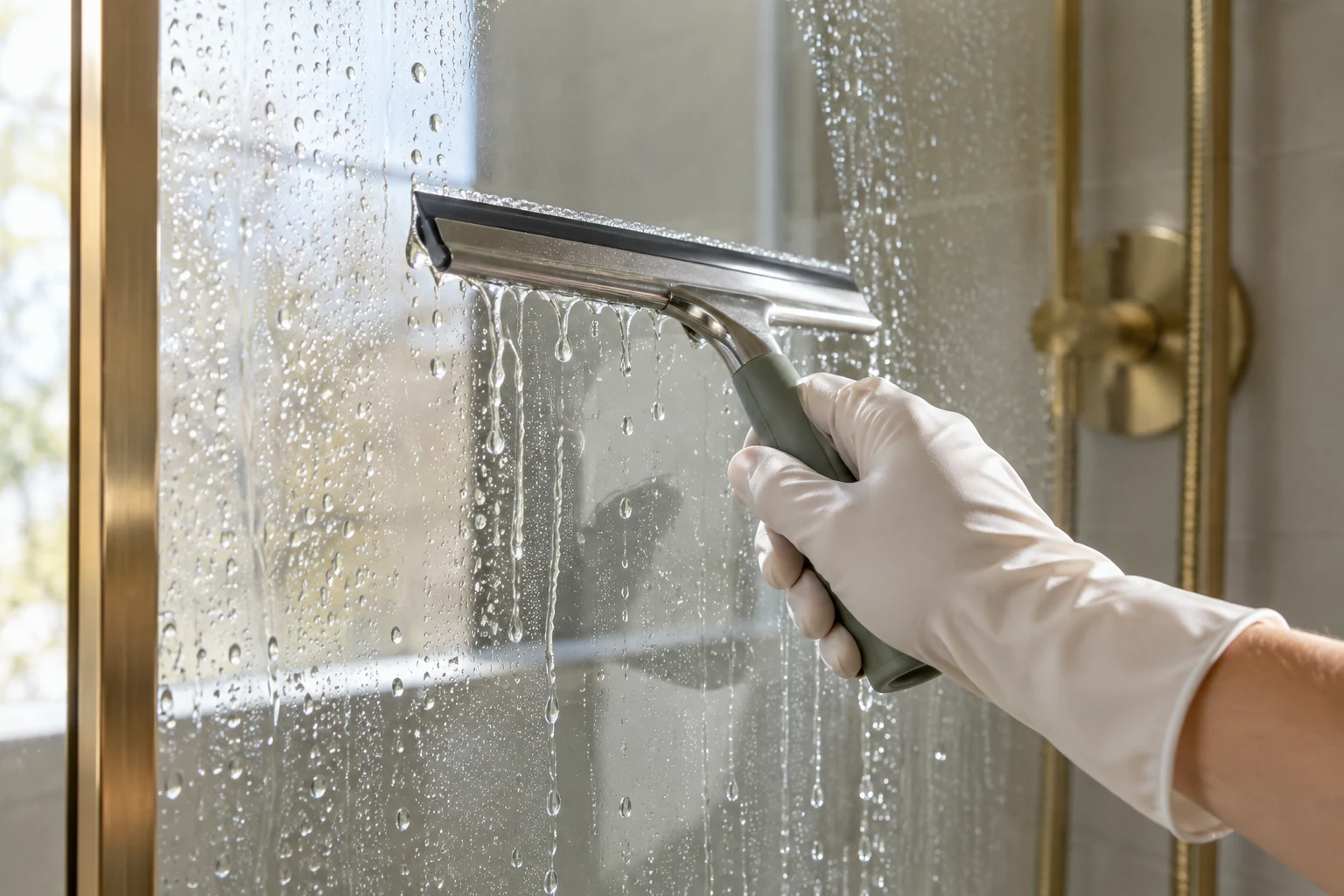 A gloved hand using a squeegee to clean water from shower glass