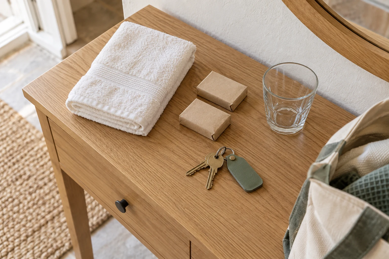 Rental keys, a fresh towel and guest essentials arranged on an oak entry table