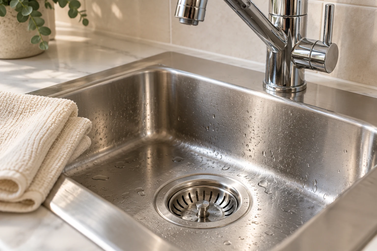 Close-up of a clean stainless steel kitchen sink, water droplets and a folded cloth