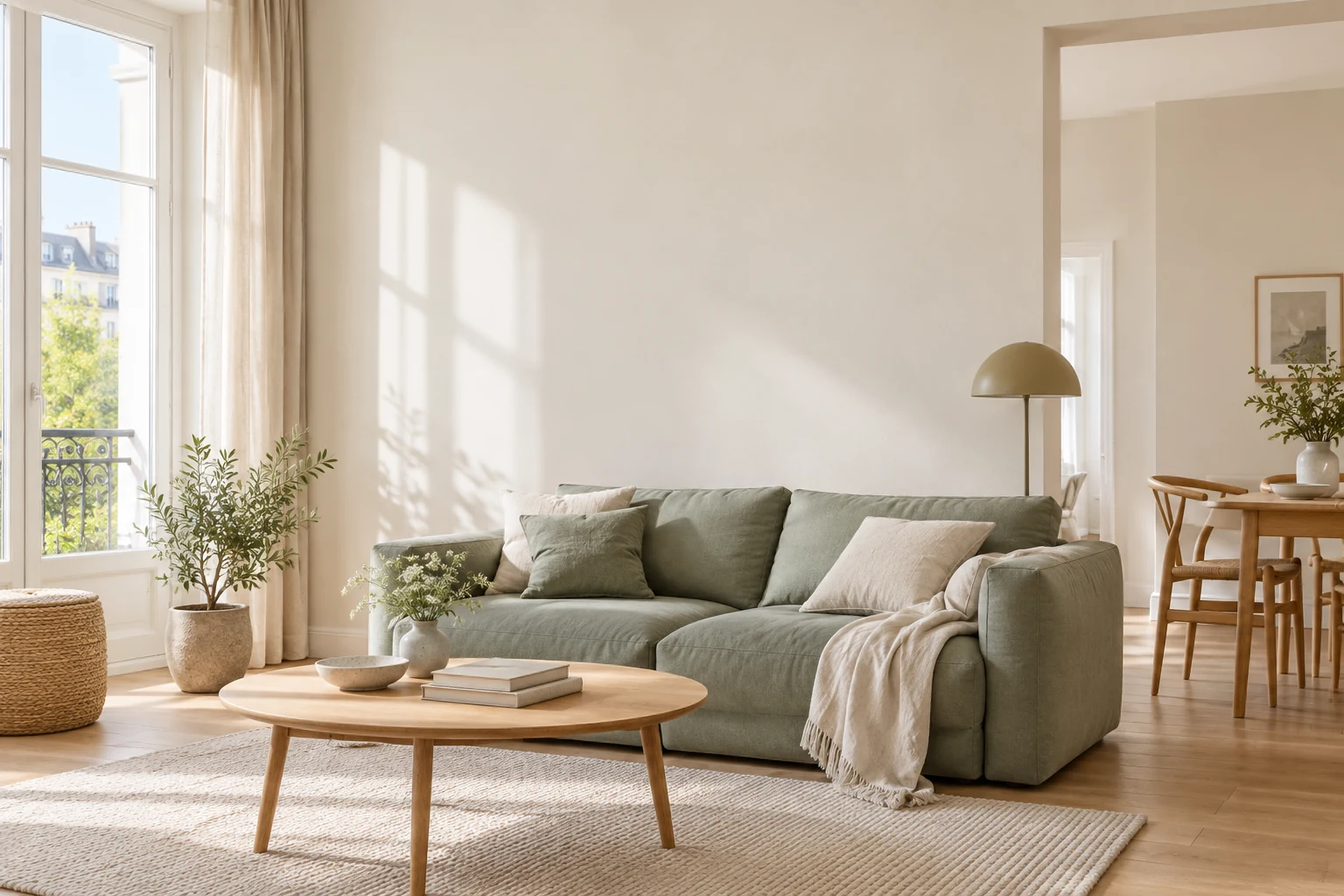 A bright, peaceful apartment with warm wood, soft linen and natural daylight