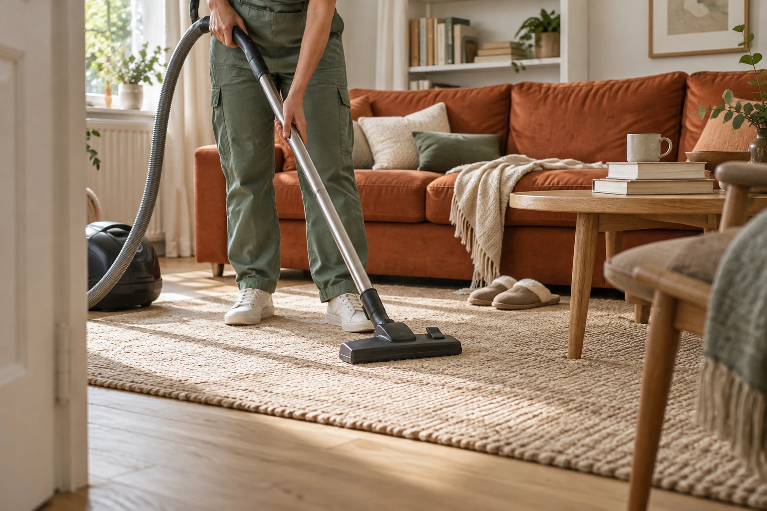 A cleaner vacuuming the rug in a lived-in home with a terracotta sofa, books and a soft throw