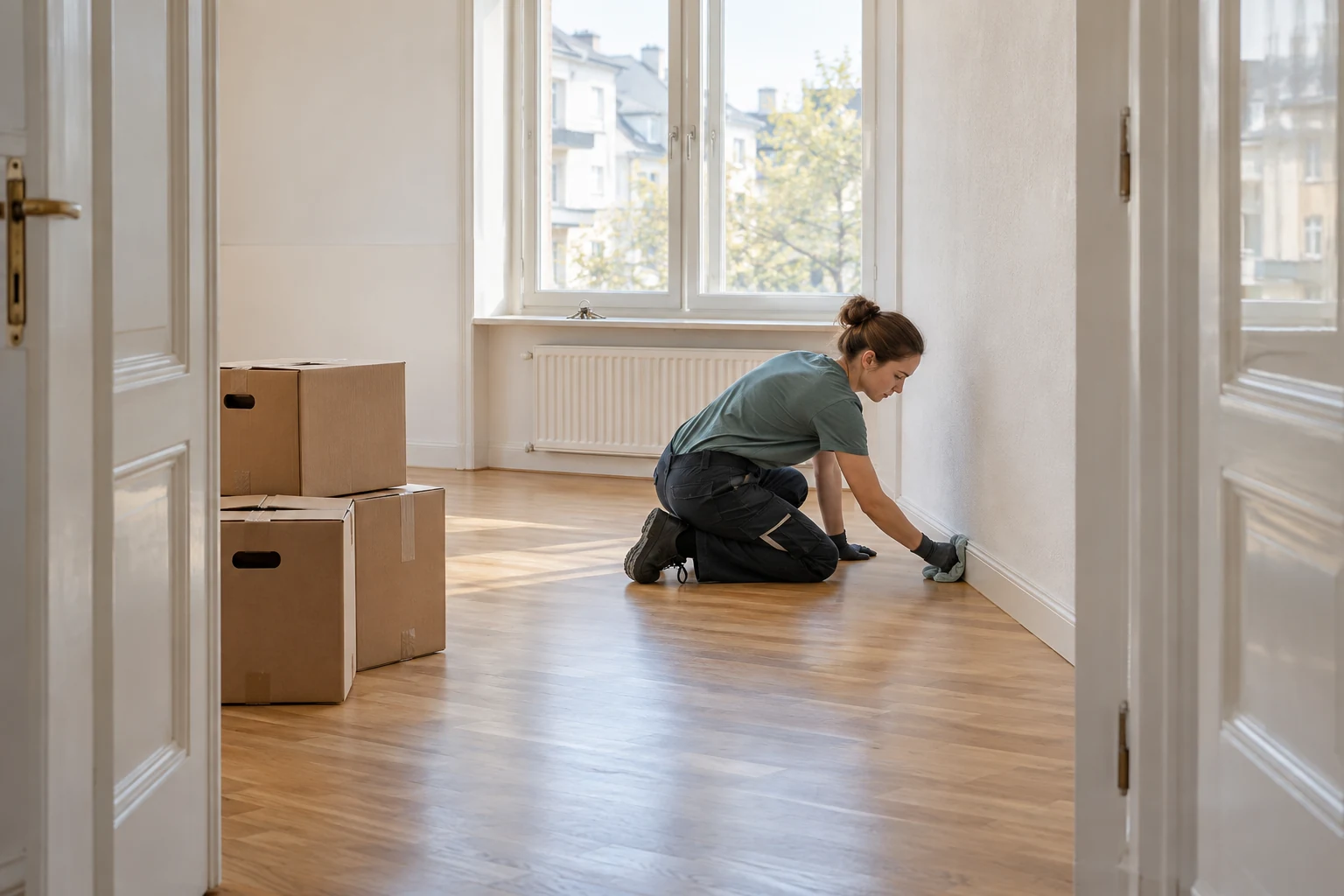 A cleaner preparing an empty apartment for handover, with moving boxes beside the doorway