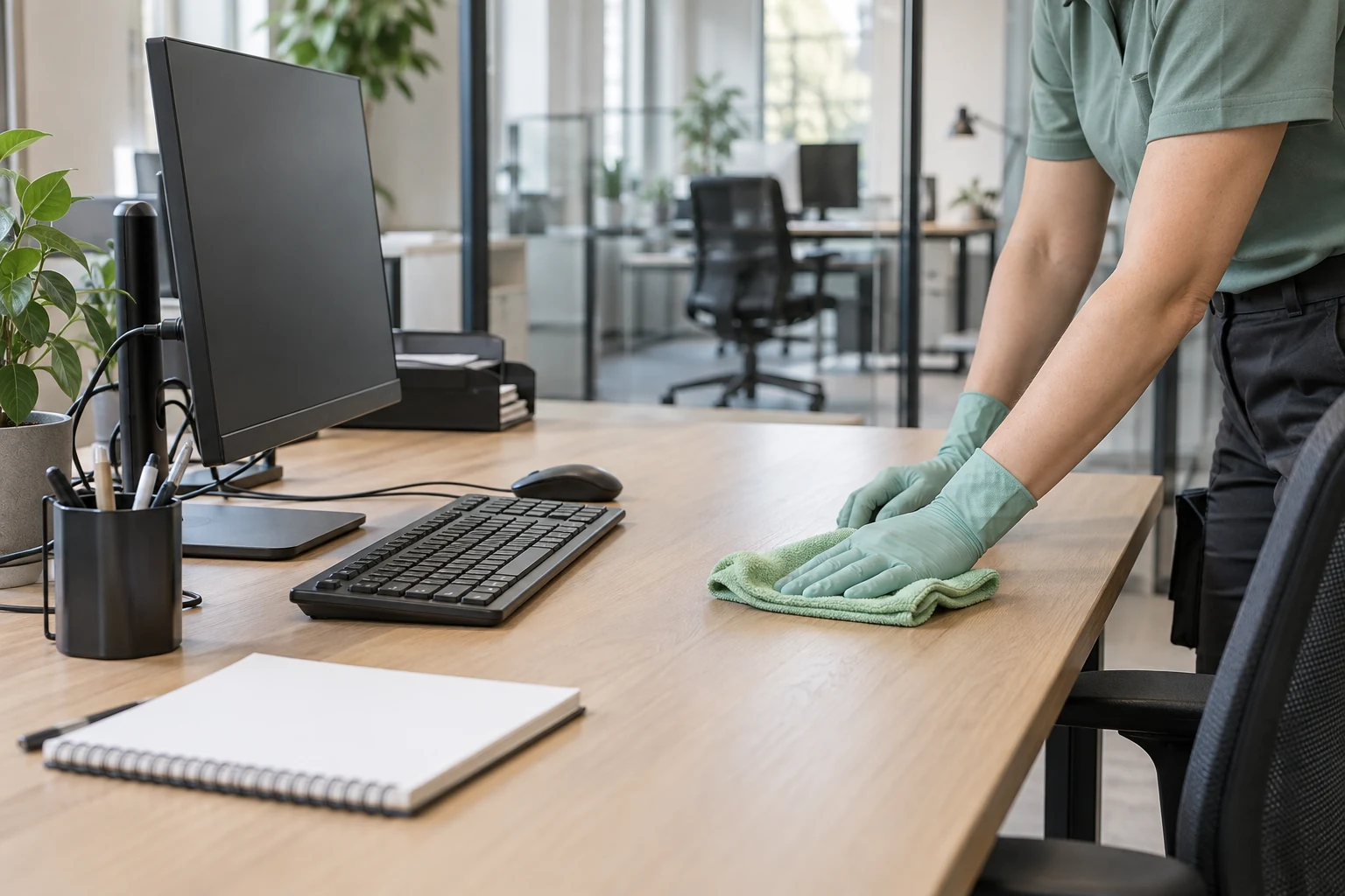 A cleaner wiping an office workstation beside a monitor, keyboard and glass meeting-room partitions